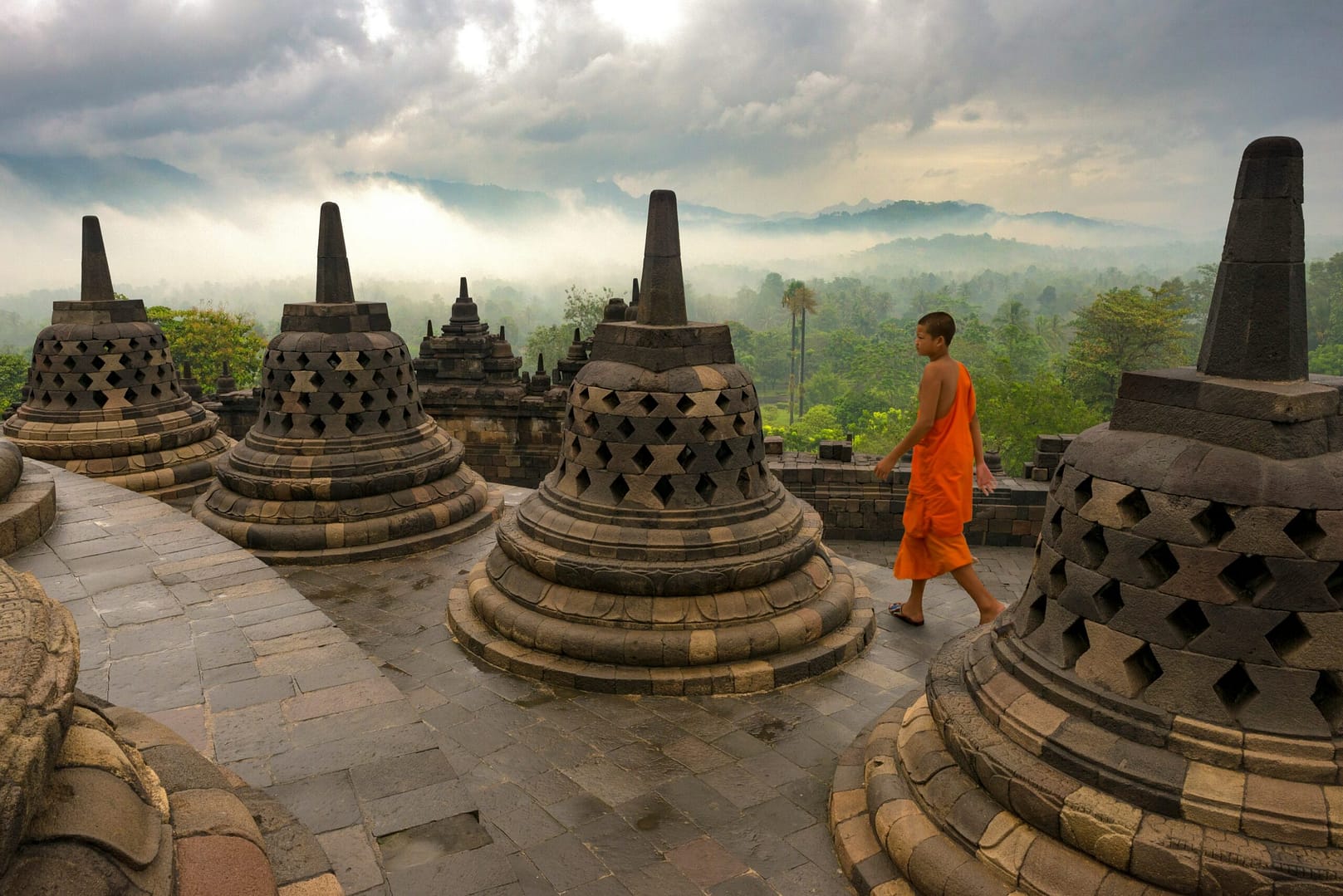 Young monk at Borobudur in Java, Indonesia
