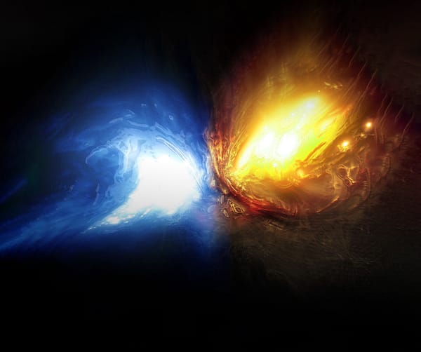 Cosmic-looking blue and yellow bodies of light collide